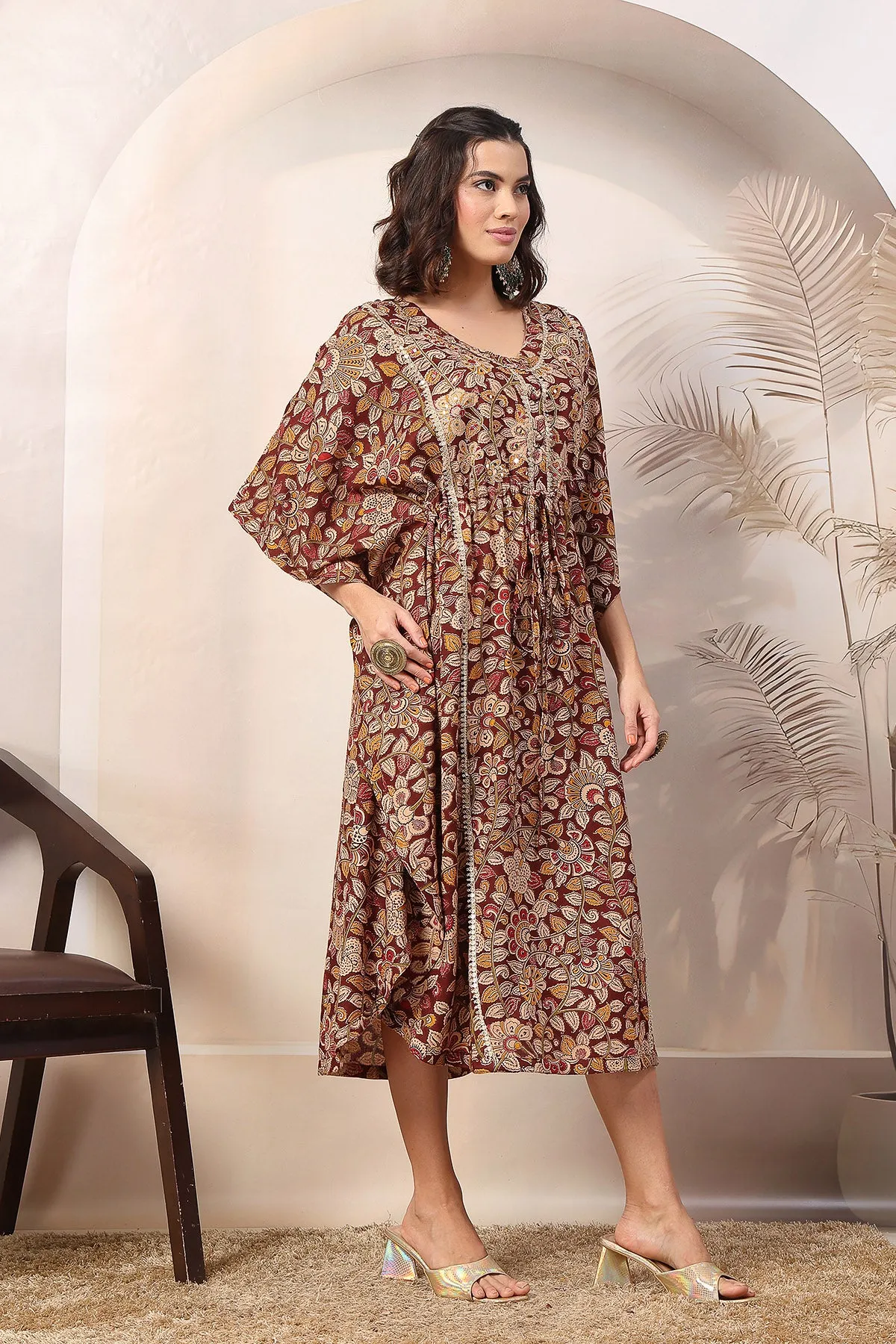 Maroon Enchanting Floral Zipless Feeding Maternity Kaftan