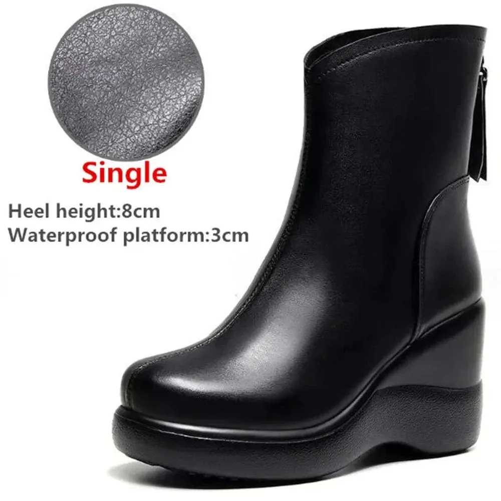 Merendy Wedge heel Square toe Platform waterproof Leather zip-up boots