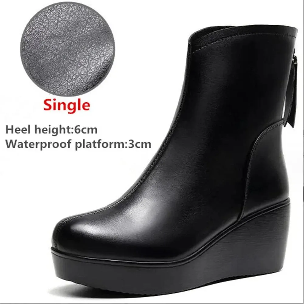 Merendy Wedge heel Square toe Platform waterproof Leather zip-up boots