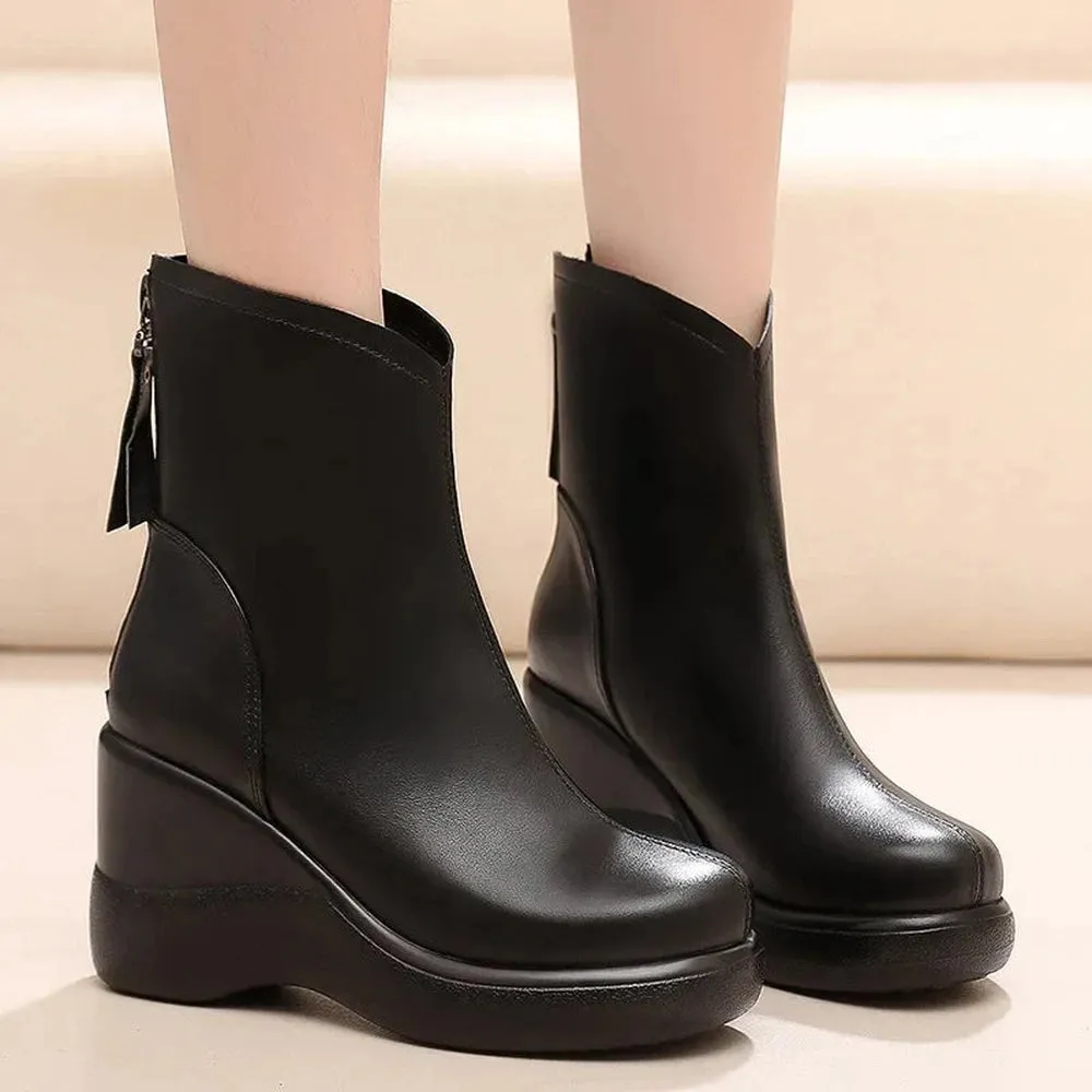 Merendy Wedge heel Square toe Platform waterproof Leather zip-up boots