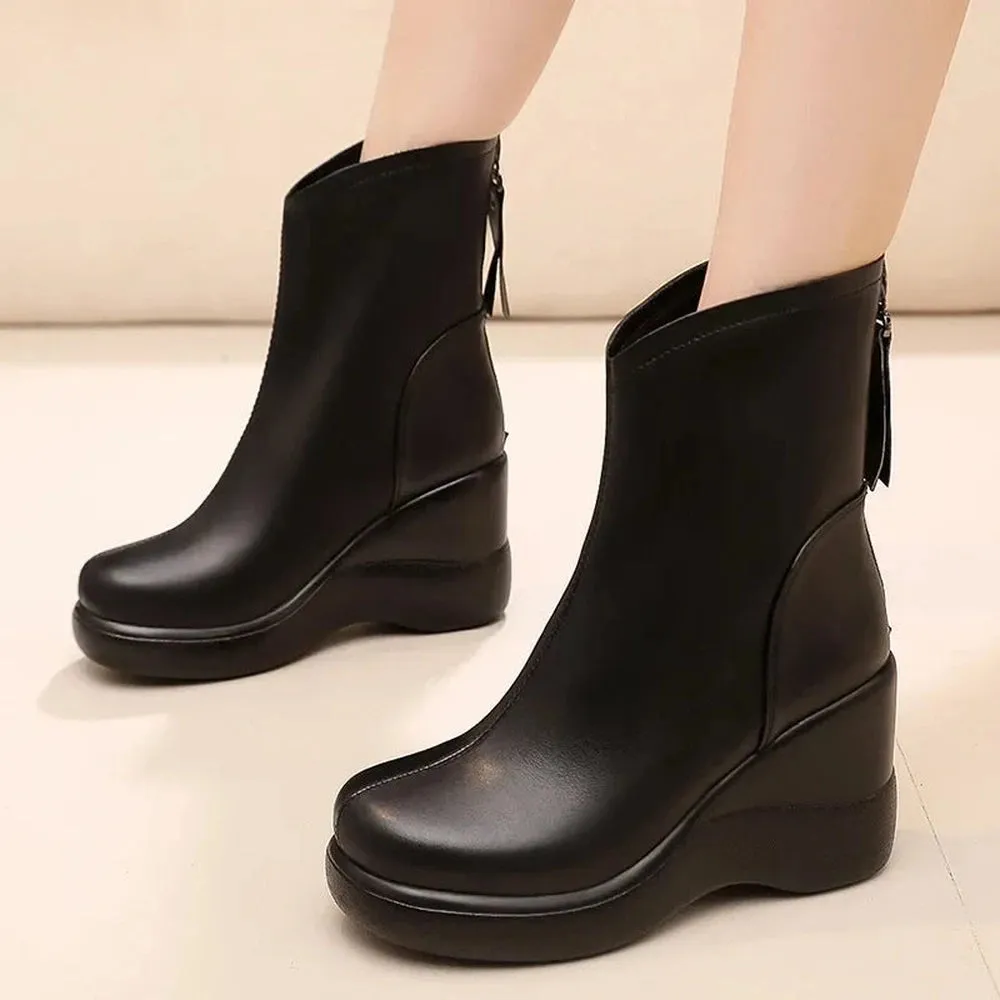 Merendy Wedge heel Square toe Platform waterproof Leather zip-up boots