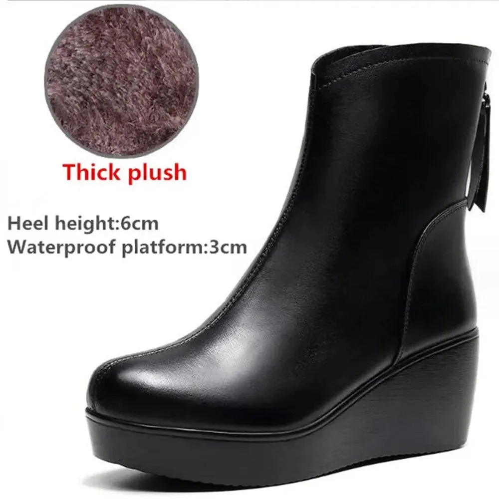 Merendy Wedge heel Square toe Platform waterproof Leather zip-up boots