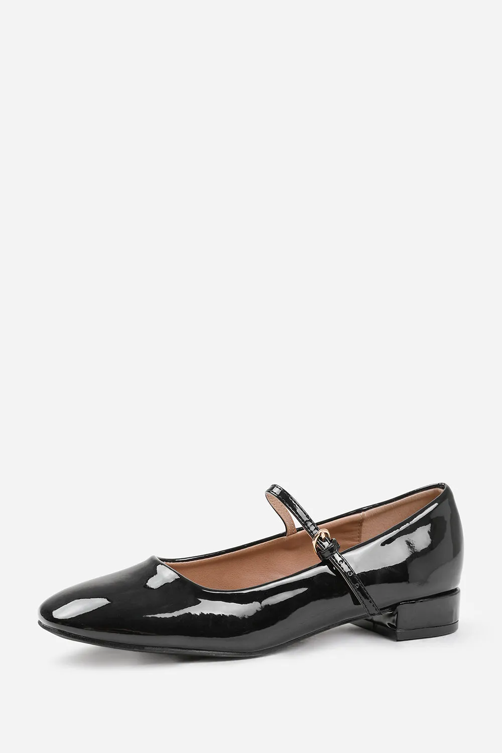 MINSK WIDE FIT LOW HEEL WITH STRAP AND BUCKLE DETAIL IN BLACK PATENT