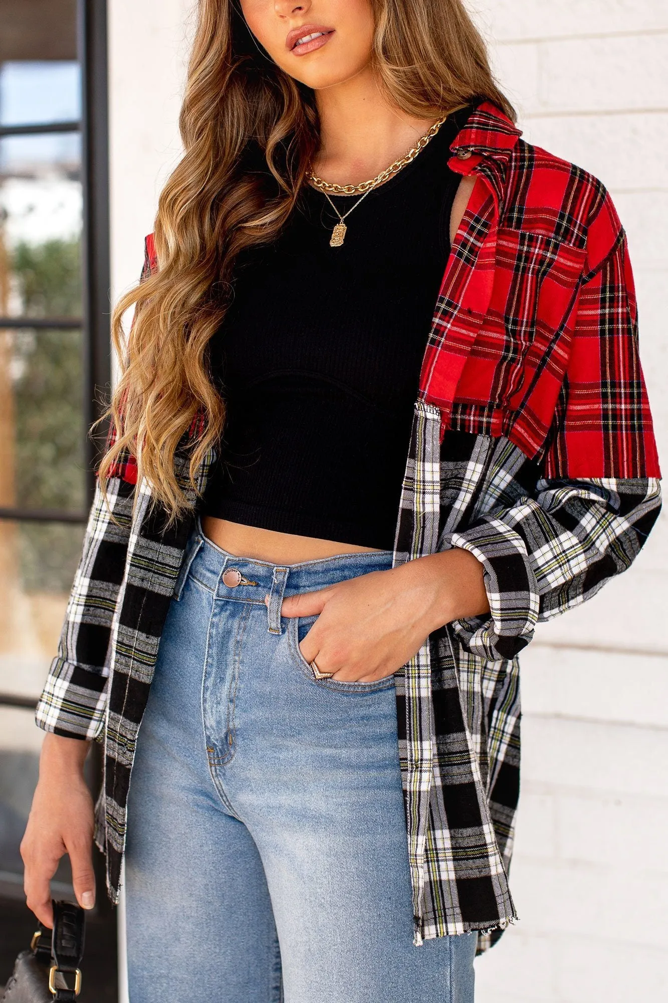 My Way Red Oversized Plaid Top