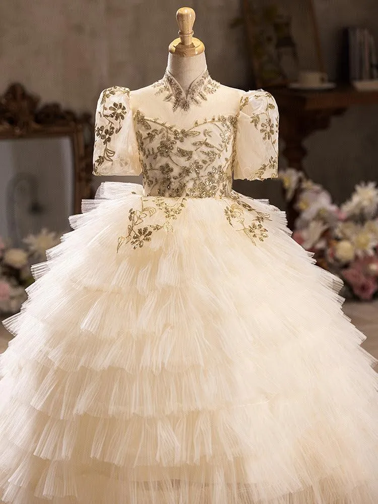 New style 4-12 years old wedding trailing mesh elegant embroidered girl princess dress