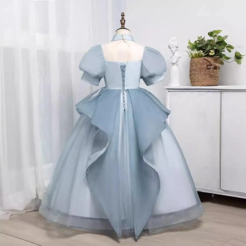 New style children's birthday party puff sleeve sequin fluffy blue girl princess dress