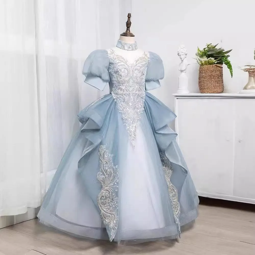 New style children's birthday party puff sleeve sequin fluffy blue girl princess dress