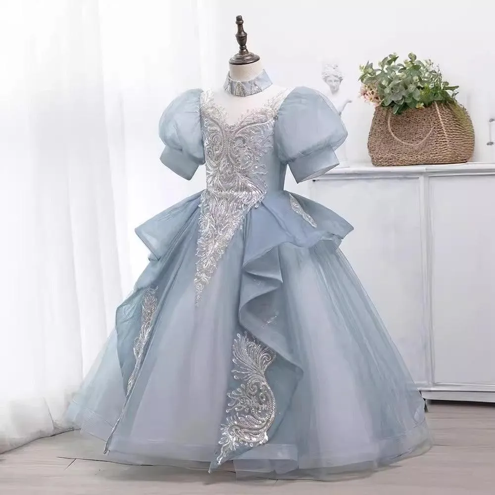 New style children's birthday party puff sleeve sequin fluffy blue girl princess dress