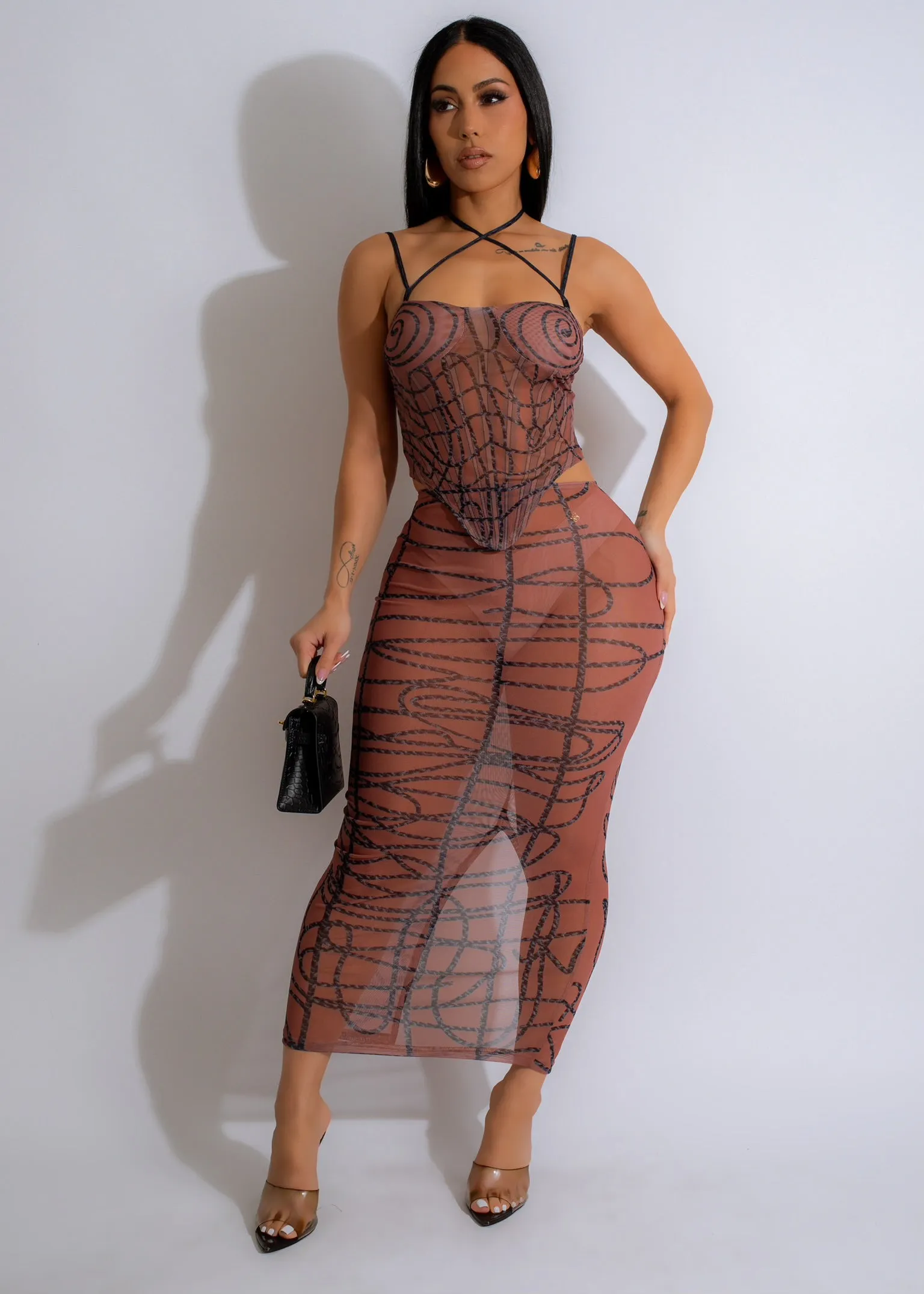 Not a Secret Mesh Skirt Set Brown