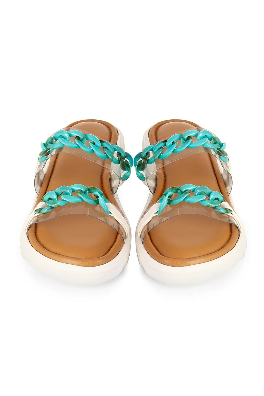 Nude Comfort Flats With Turquoise Chain