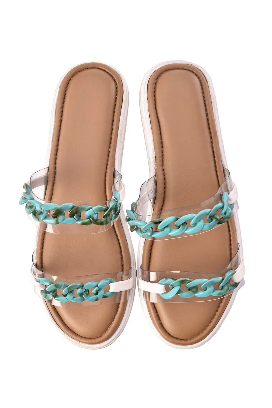 Nude Comfort Flats With Turquoise Chain