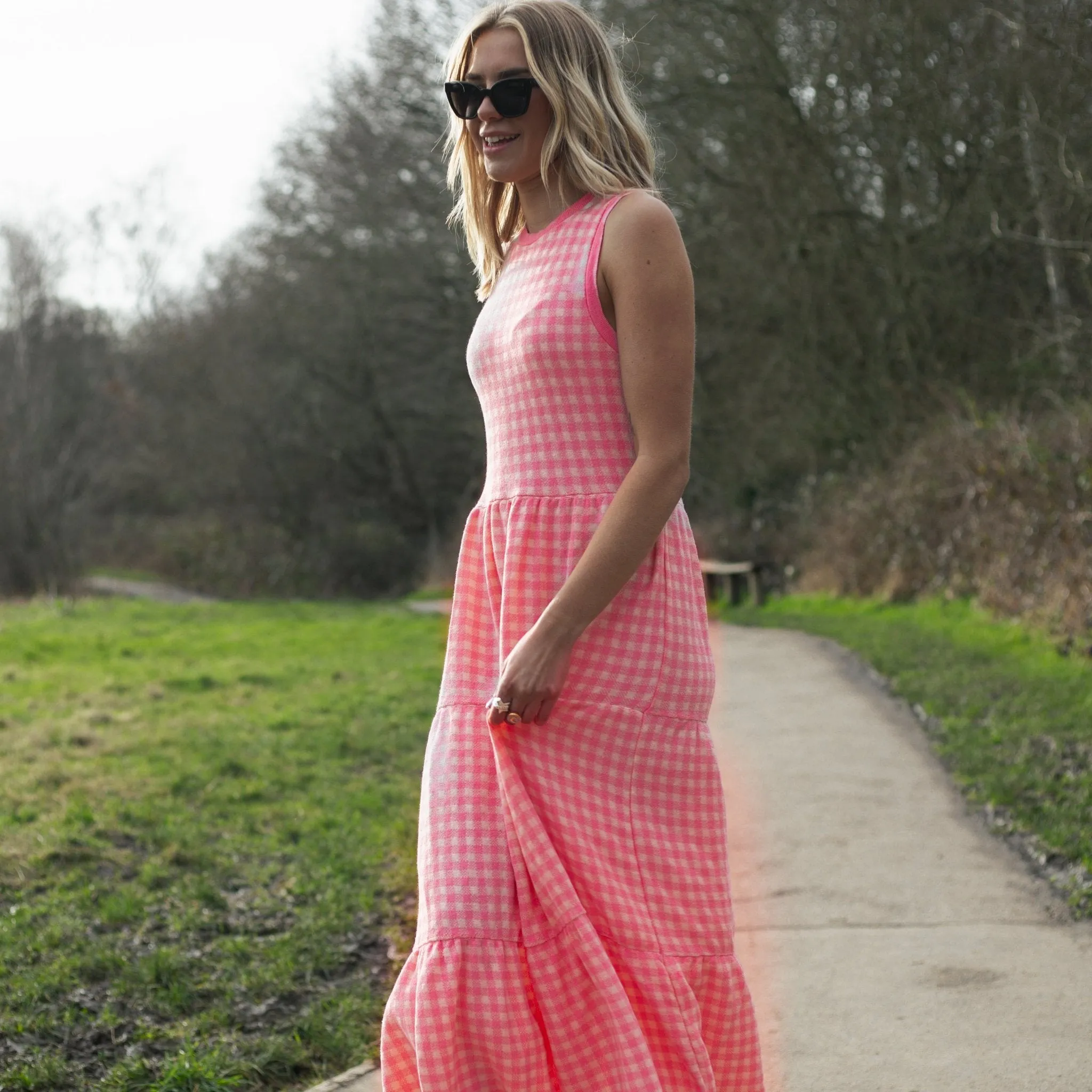 Paula Gingham Cotton Knitted Maxi Dress - Hot Pink