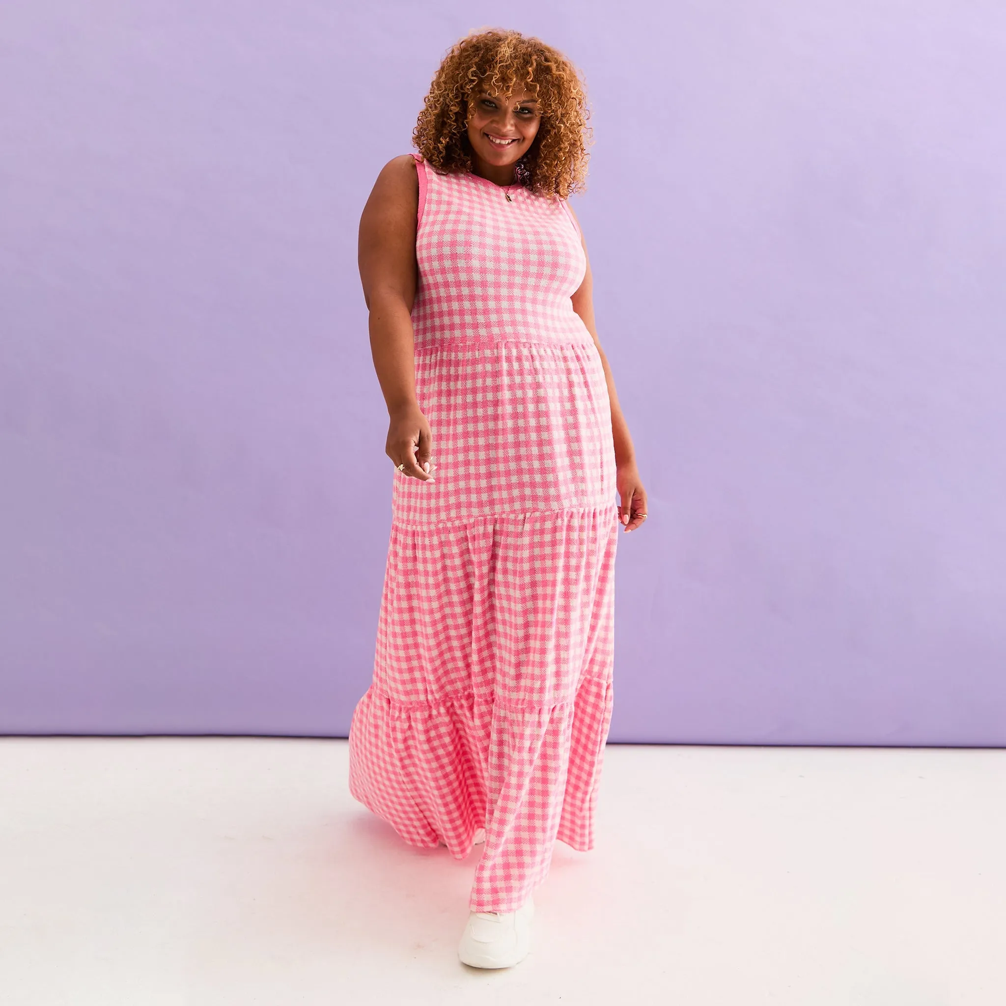 Paula Gingham Cotton Knitted Maxi Dress - Hot Pink