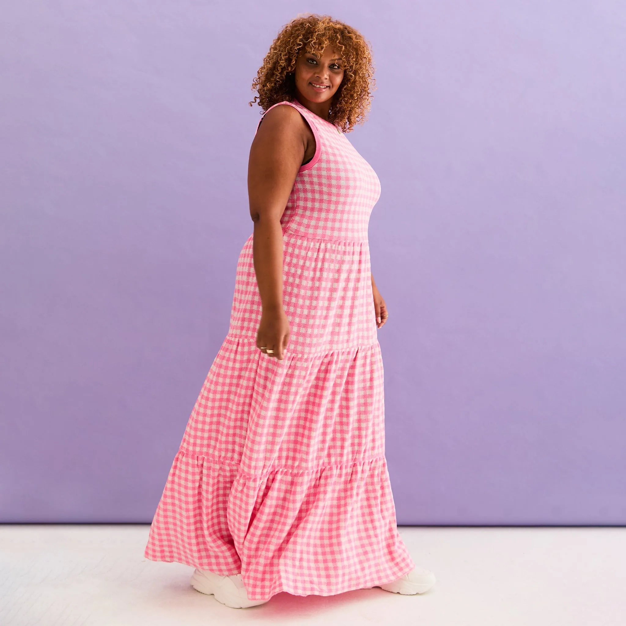 Paula Gingham Cotton Knitted Maxi Dress - Hot Pink