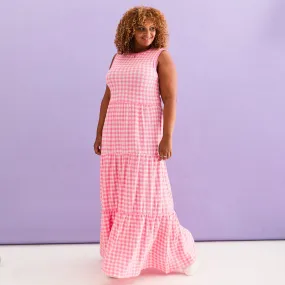 Paula Gingham Cotton Knitted Maxi Dress - Hot Pink