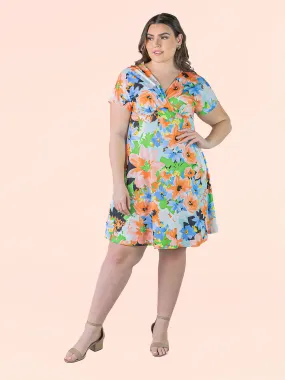 Plus Size Pastel Floral Empire Waist Flowy Knee Length Dress