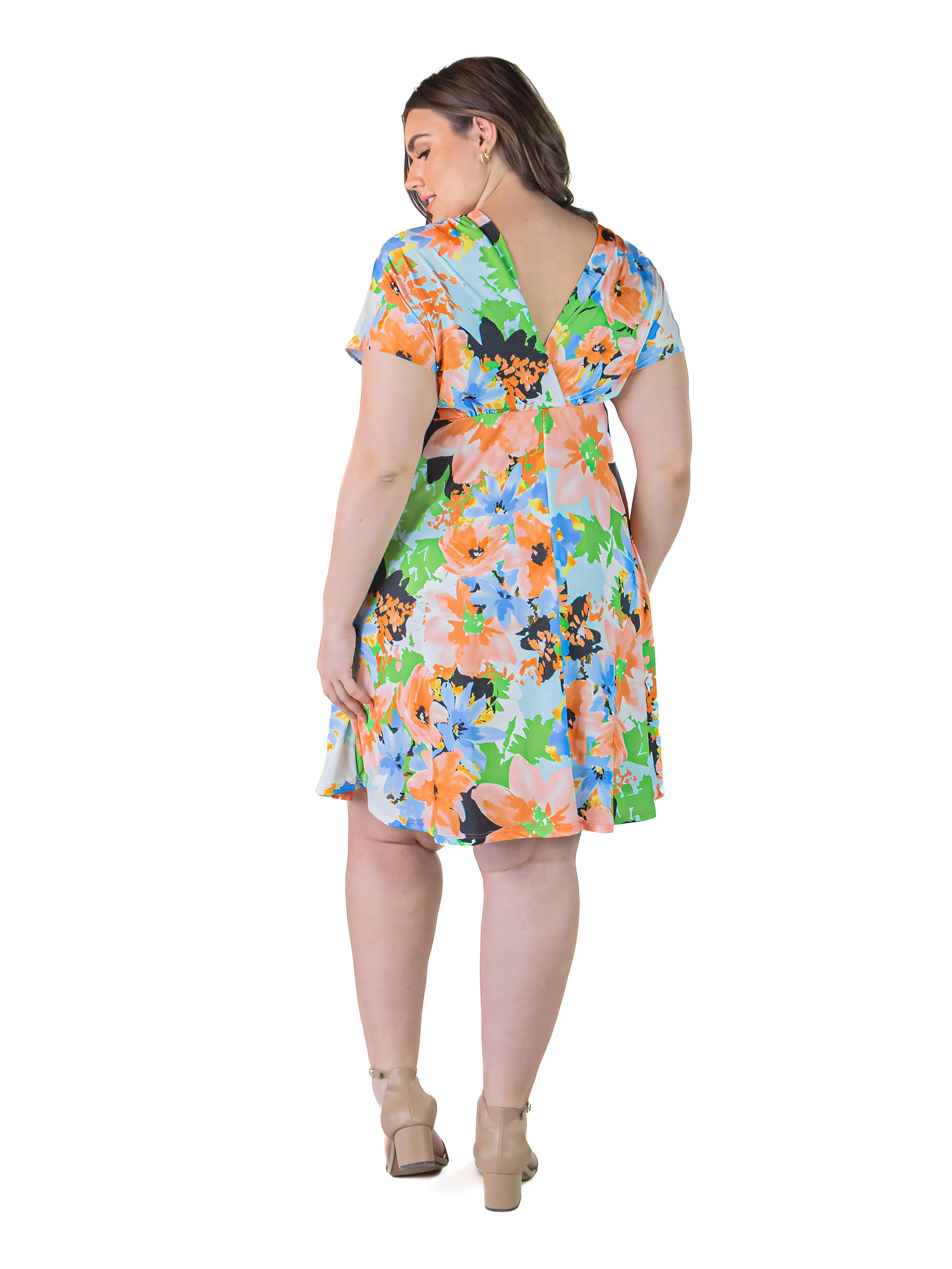 Plus Size Pastel Floral Empire Waist Flowy Knee Length Dress