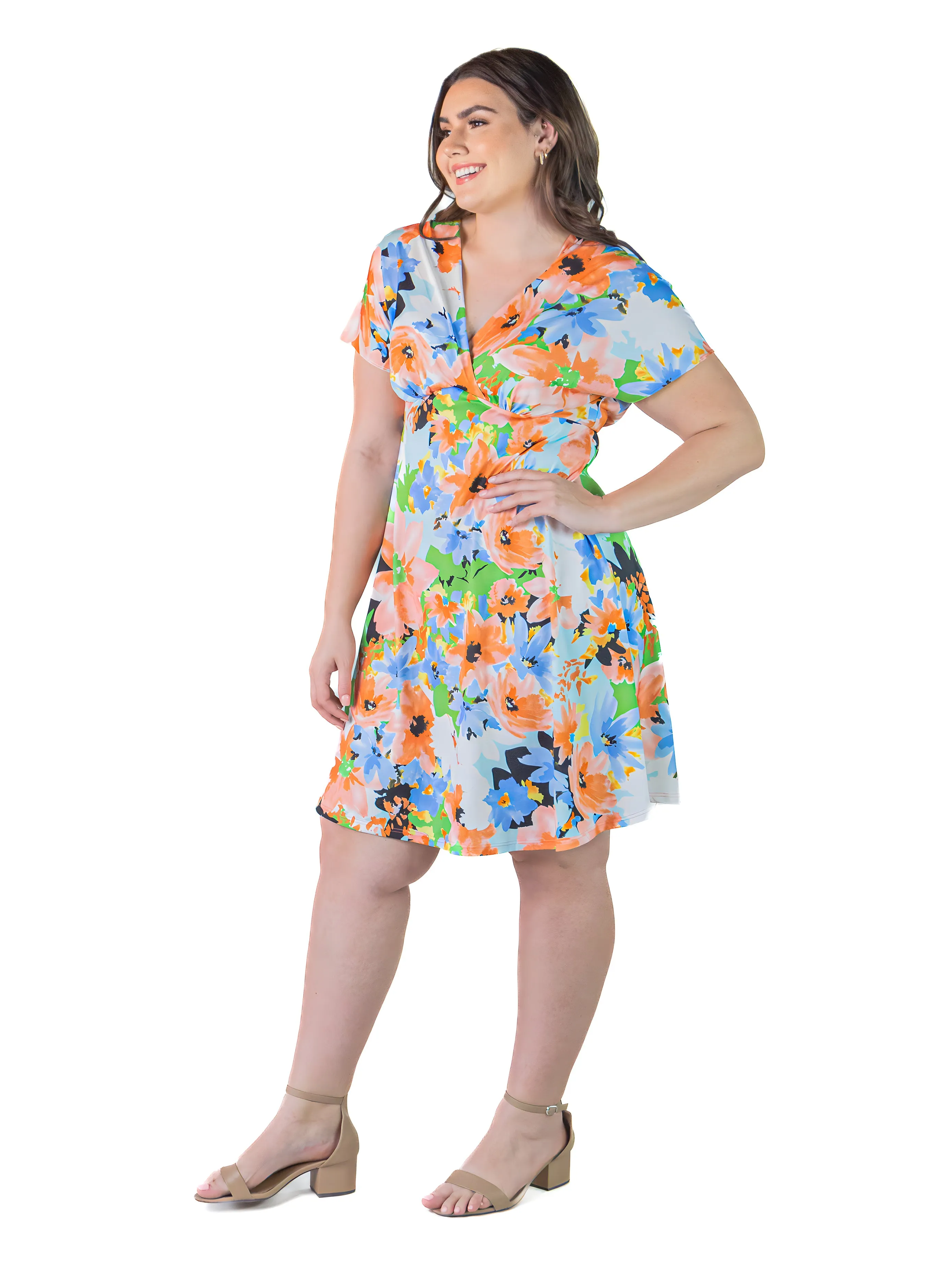 Plus Size Pastel Floral Empire Waist Flowy Knee Length Dress