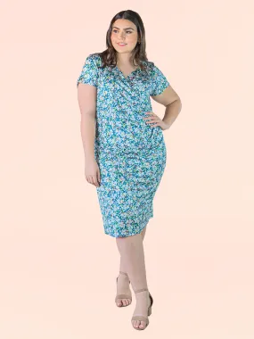 Plus Size Teal Mini Flower Print Short Sleeve Knee Length Faux Wrap Dress