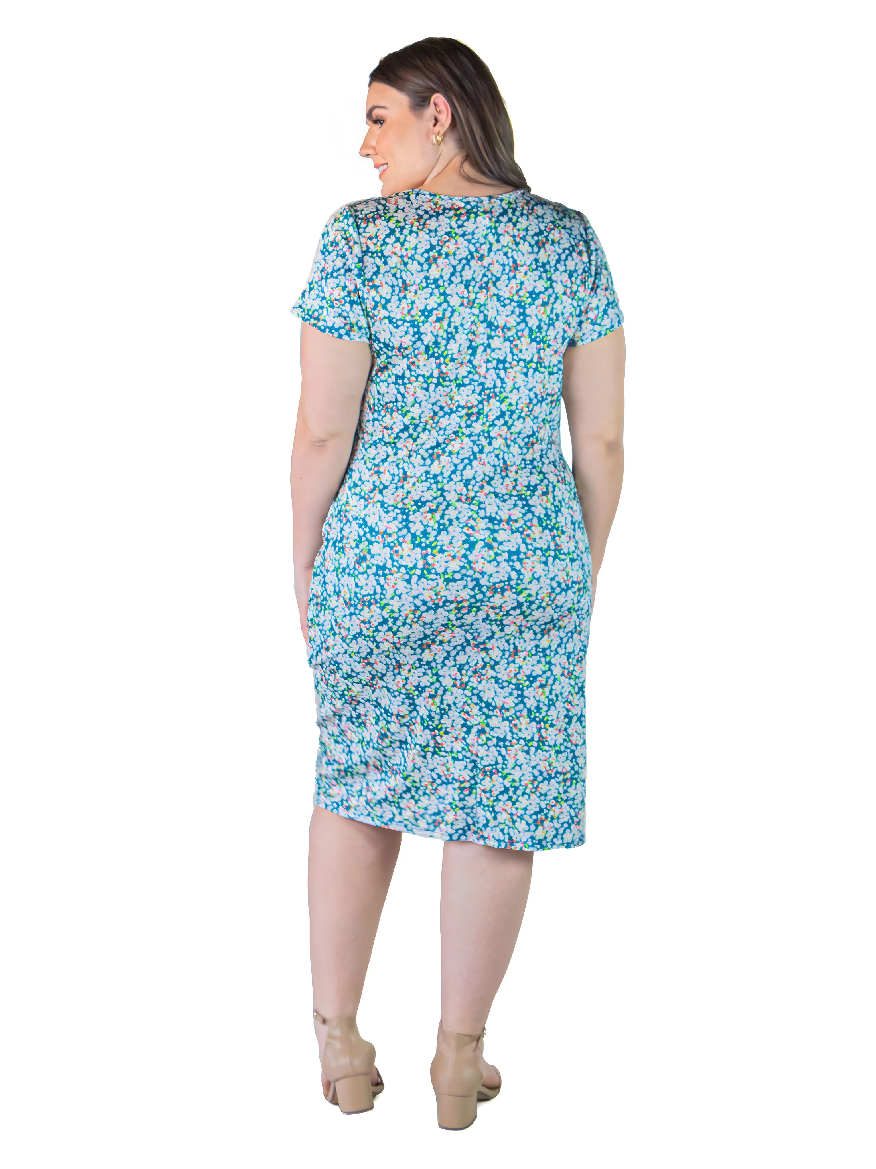 Plus Size Teal Mini Flower Print Short Sleeve Knee Length Faux Wrap Dress