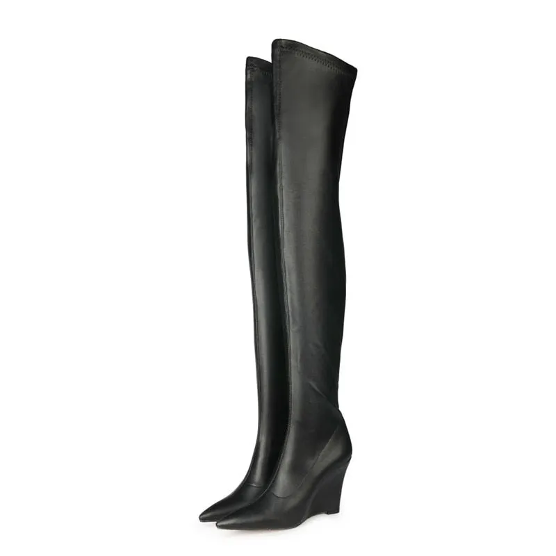 Pointed Toe Over-the-Knee Wedge Boots