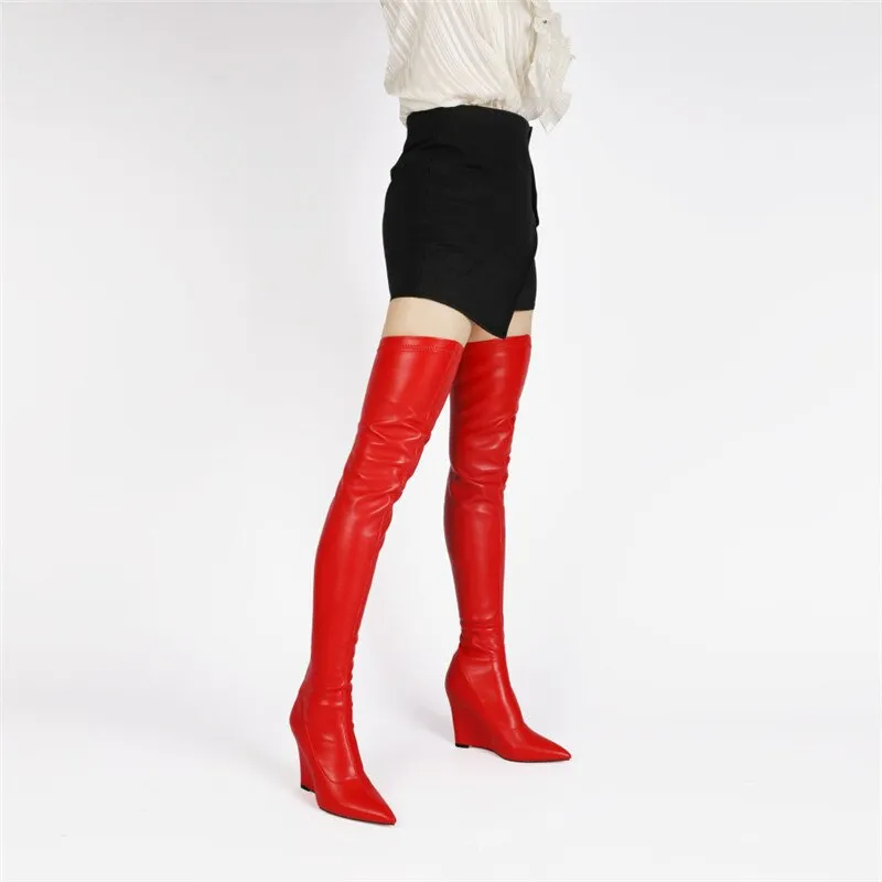 Pointed Toe Over-the-Knee Wedge Boots