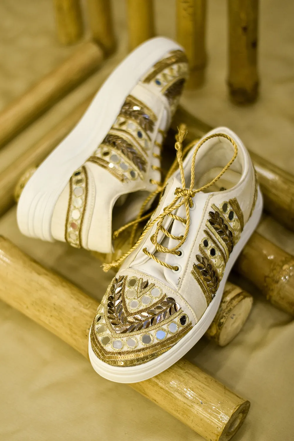 Poly Silk & Rexine Hand Embroidered Gold Sneakers