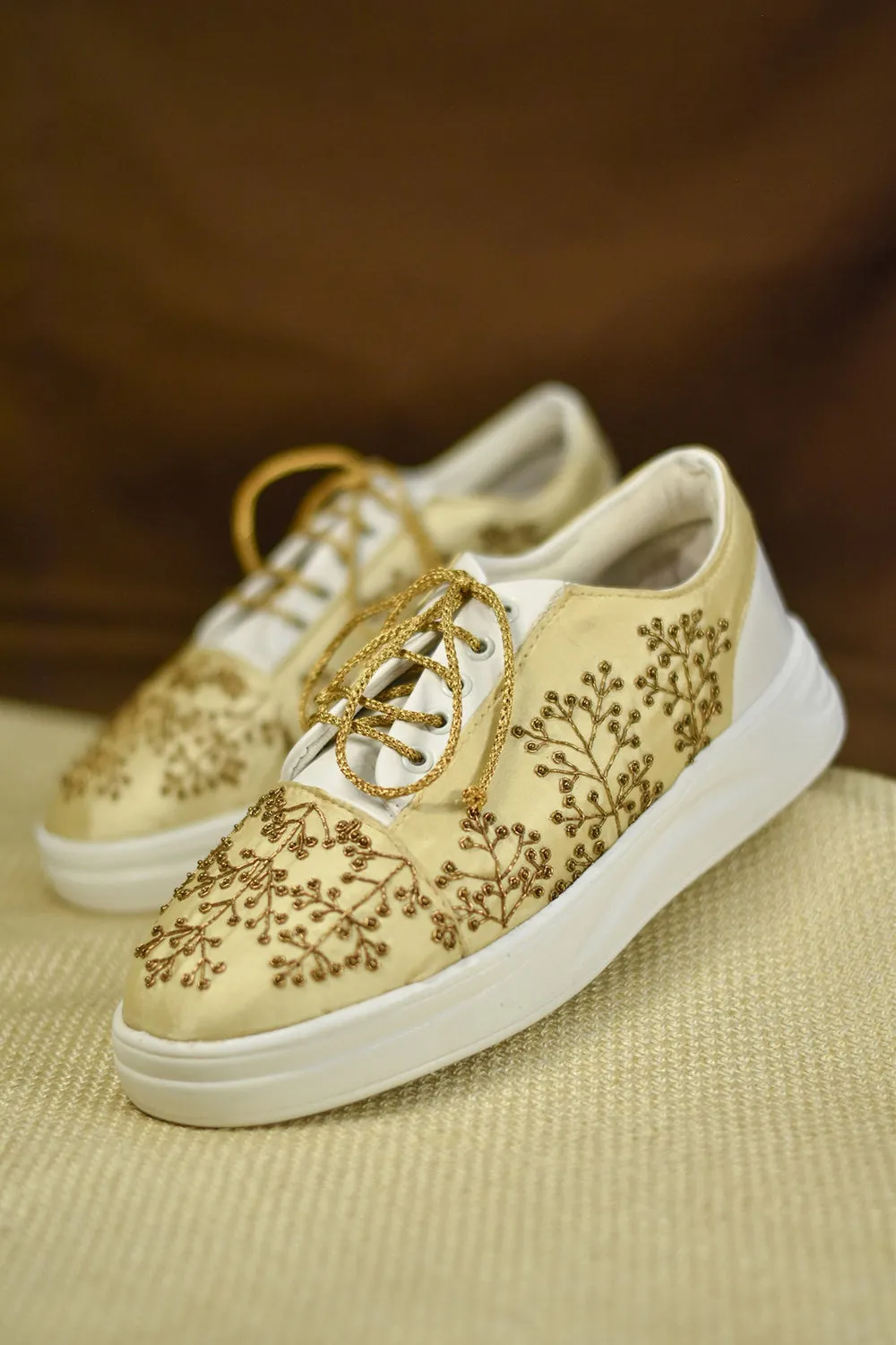 Poly Silk Embroidered Gold Sneakers