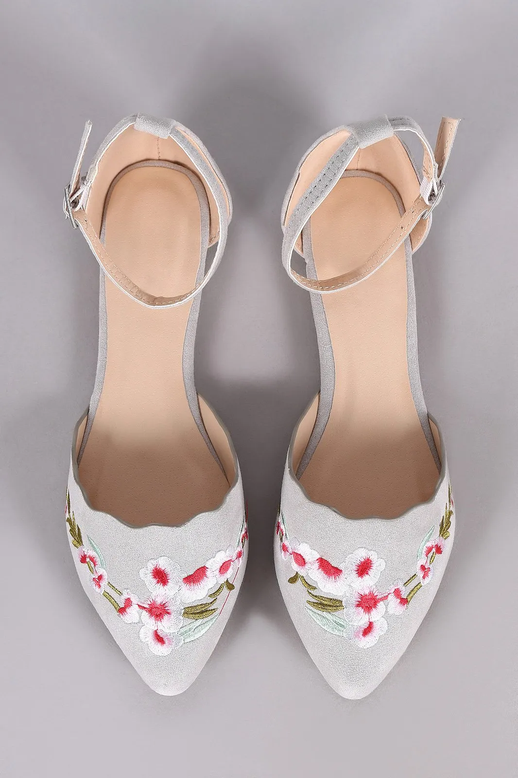 Qupid Embroidered Floral Suede Pointy Toe Ankle Strap Flat