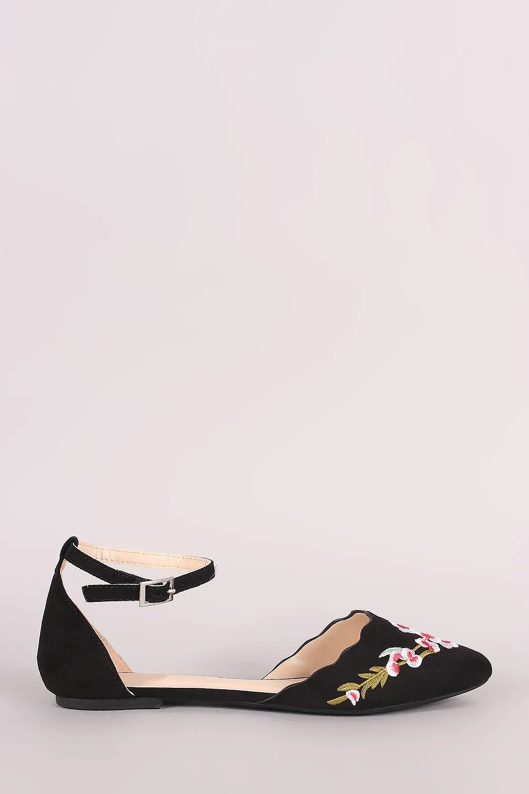 Qupid Embroidered Floral Suede Pointy Toe Ankle Strap Flat