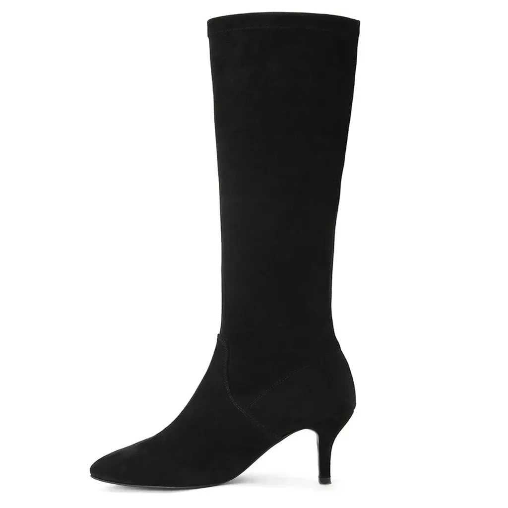 Saint Jemima Black Stretch Suede Kitten Heel Knee High Boots