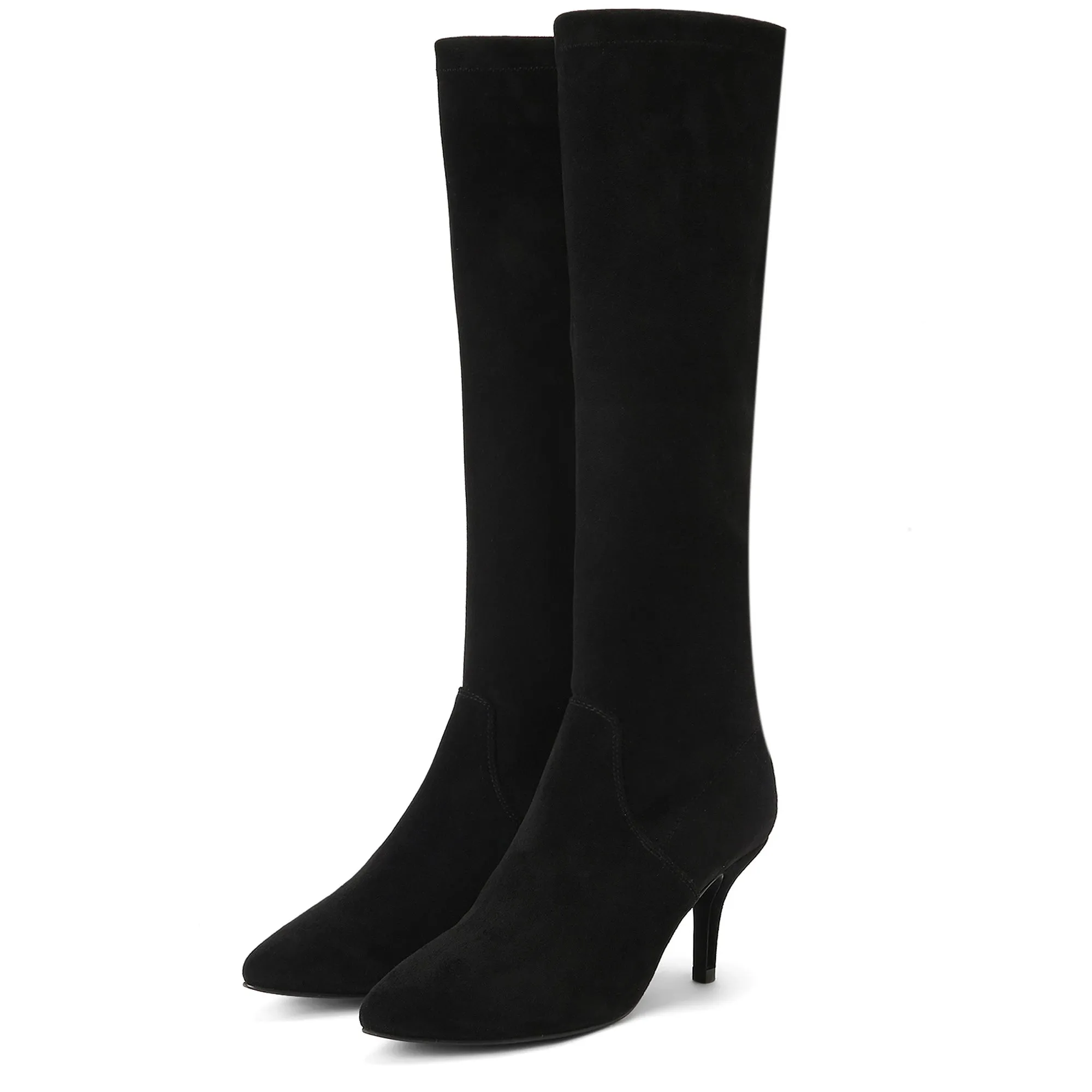 Saint Jemima Black Stretch Suede Kitten Heel Knee High Boots