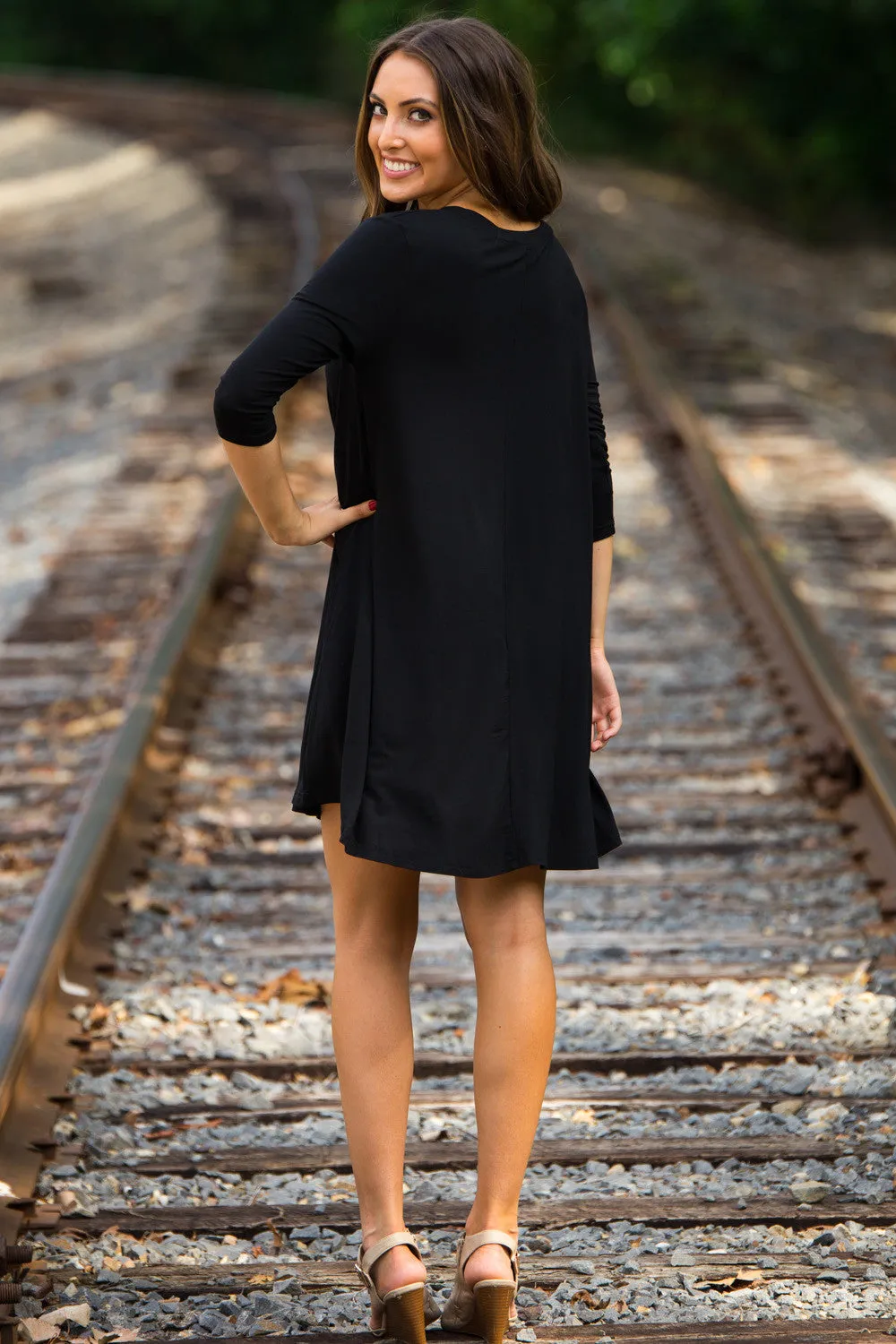 SALE-The Perfect Piko 3/4 Sleeve V-Neck Swing Dress-Black