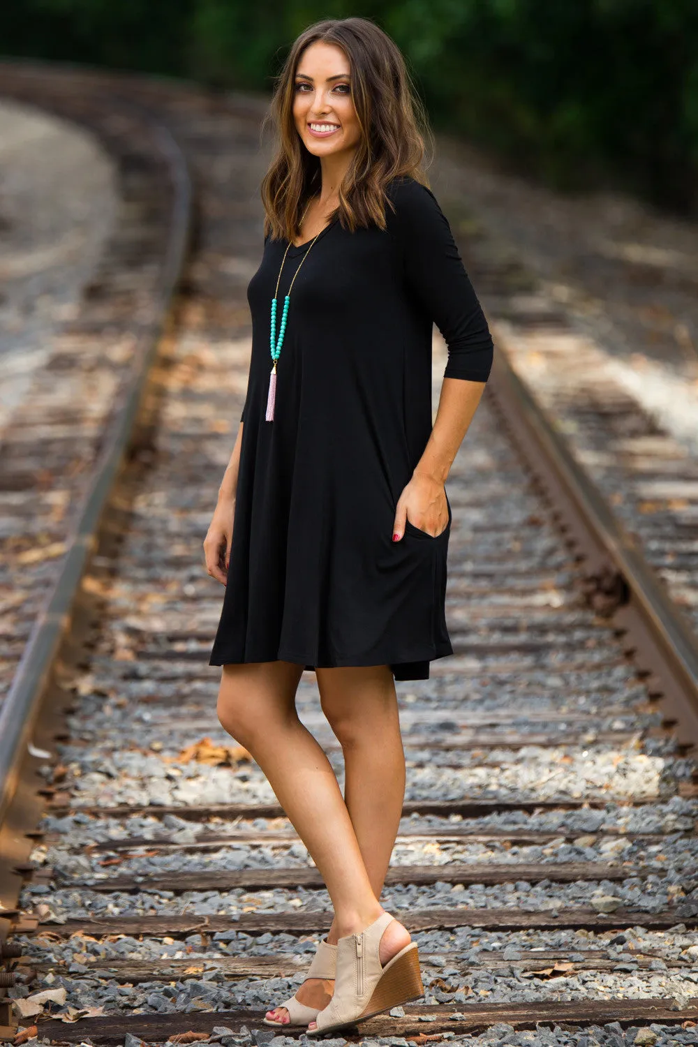 SALE-The Perfect Piko 3/4 Sleeve V-Neck Swing Dress-Black