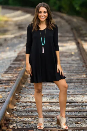 SALE-The Perfect Piko 3/4 Sleeve V-Neck Swing Dress-Black