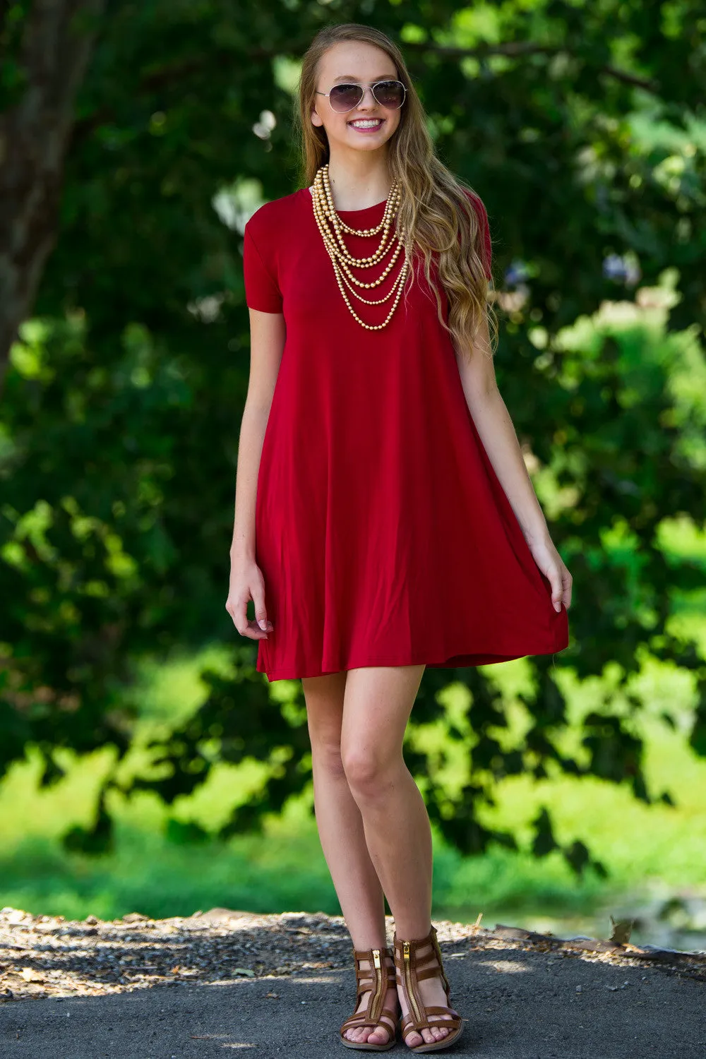 SALE-The Perfect Piko Short Sleeve Swing Dress-Wine