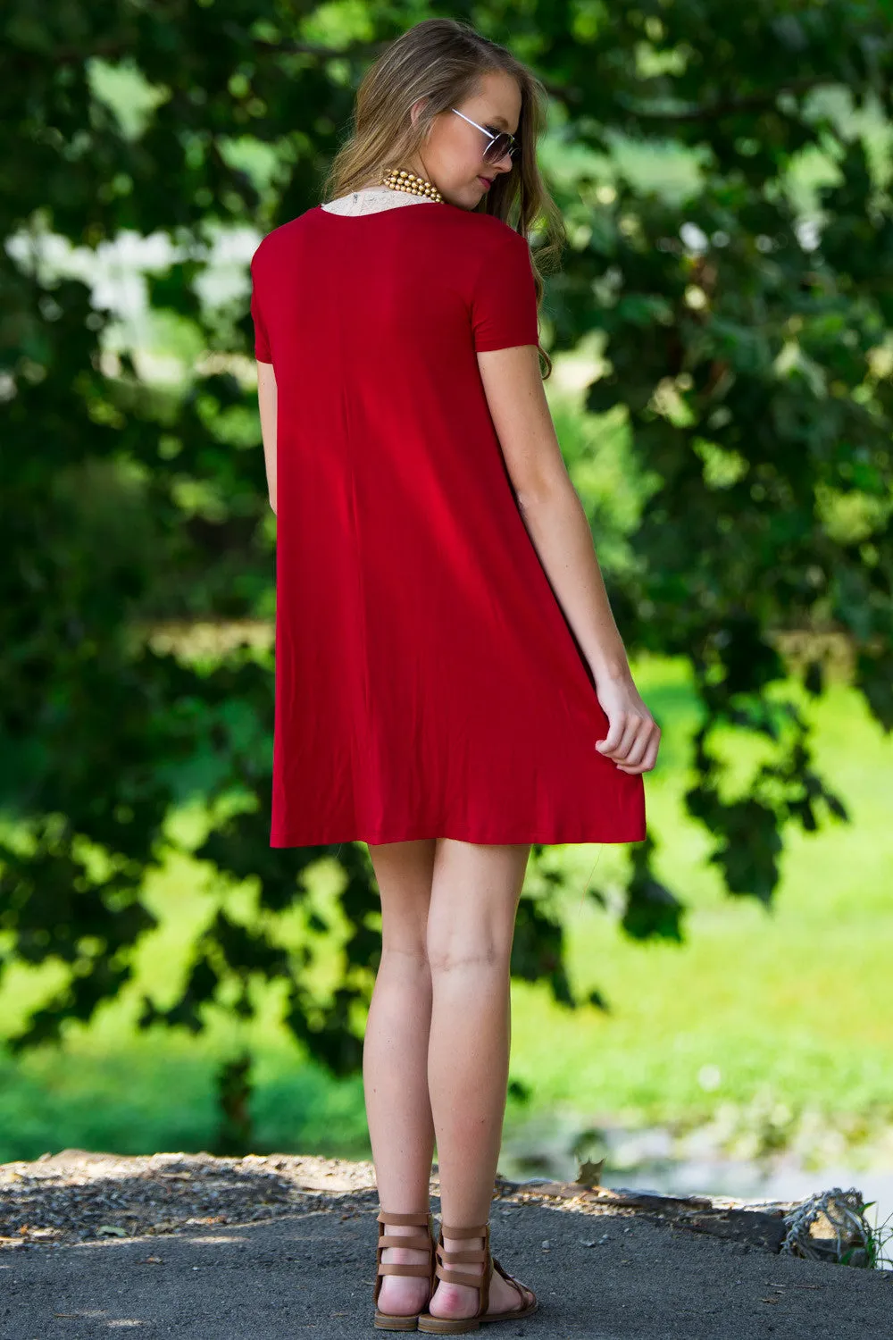 SALE-The Perfect Piko Short Sleeve Swing Dress-Wine