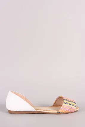 Snake Embossed Woven Straw Peep Toe Flat