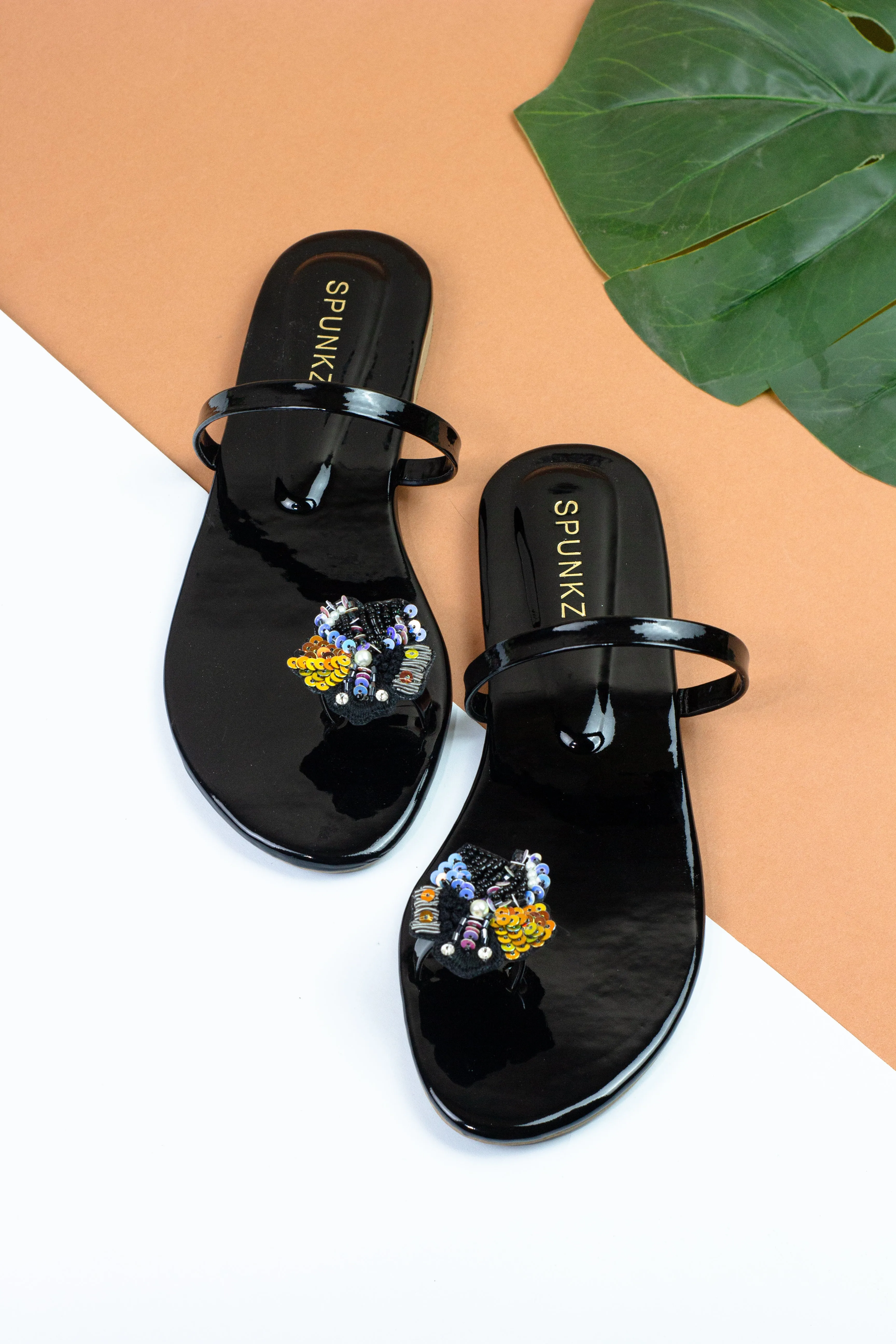 Spunkz Shiny Metallic Black Floral Sequins Ring Toe Flat Slides