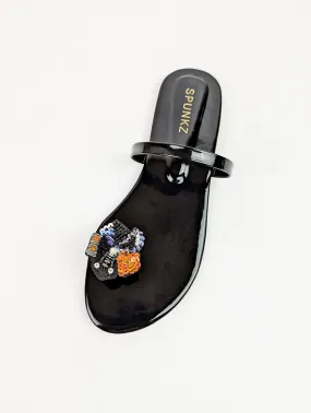 Spunkz Shiny Metallic Black Floral Sequins Ring Toe Flat Slides