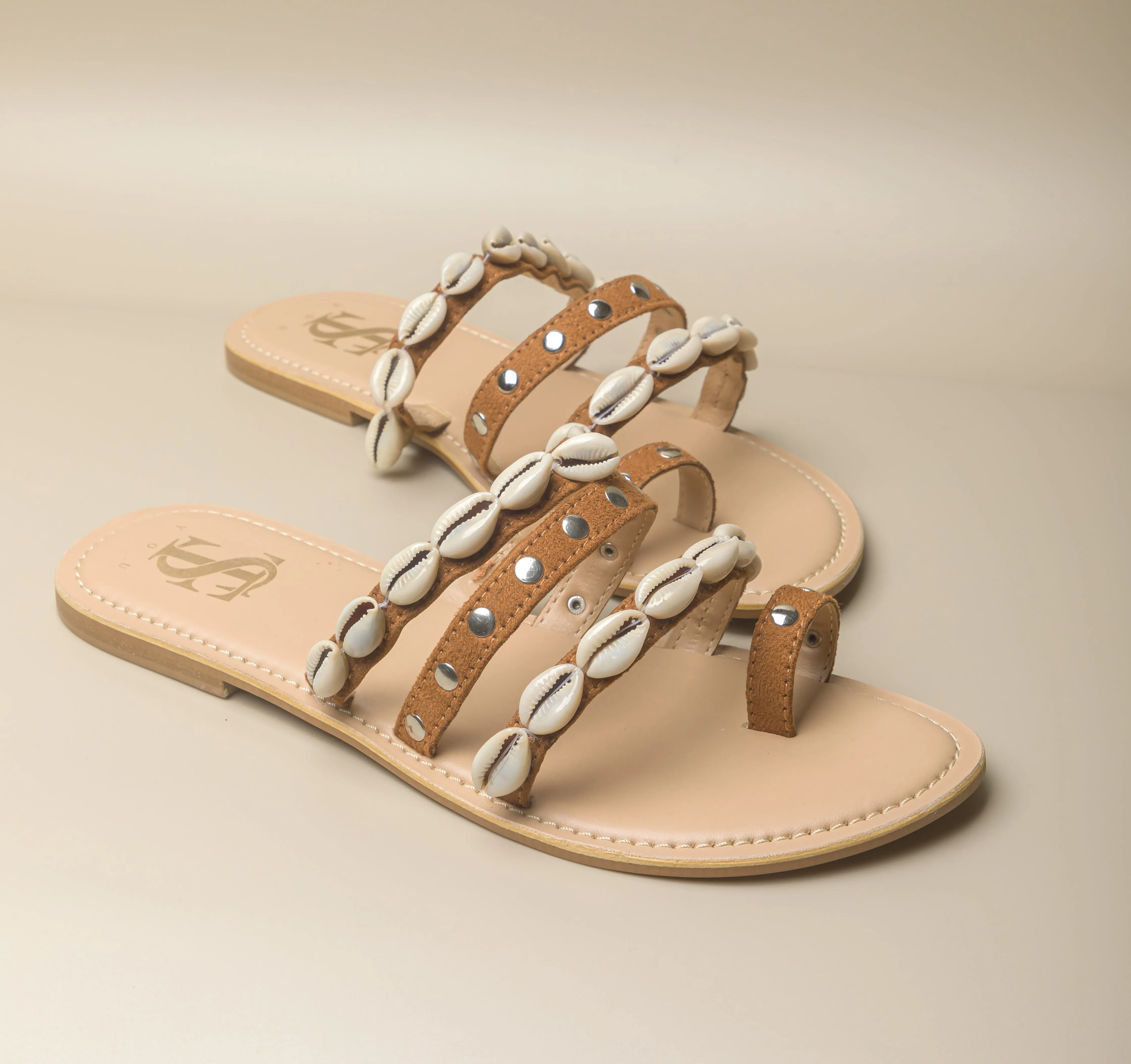 Tan studded shell sliders