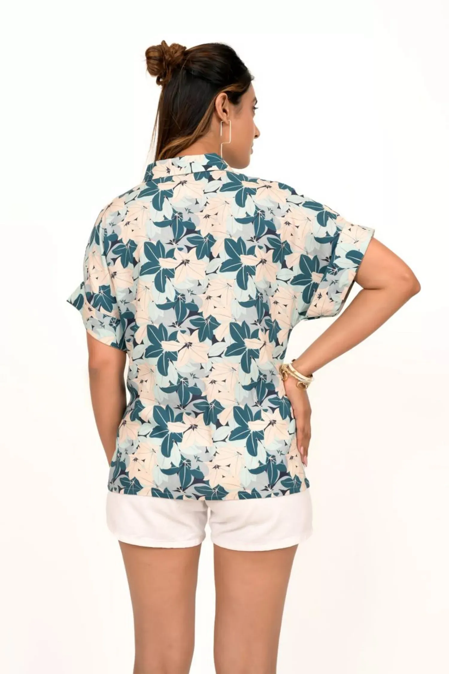 Teal Blue And Beige Tropical Print Shirt