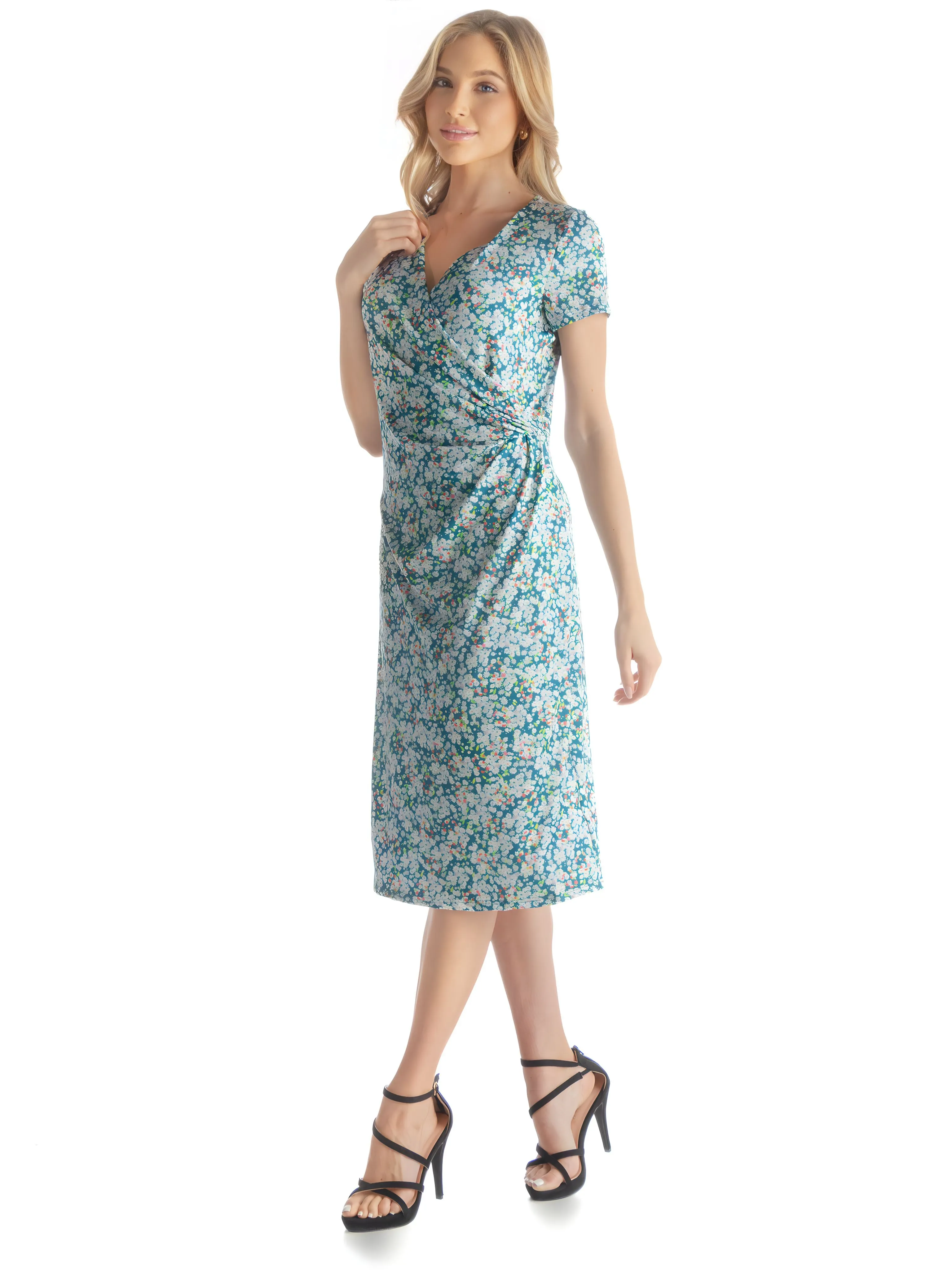 Teal Mini Flower Print Short Sleeve Knee Length Faux Wrap Dress