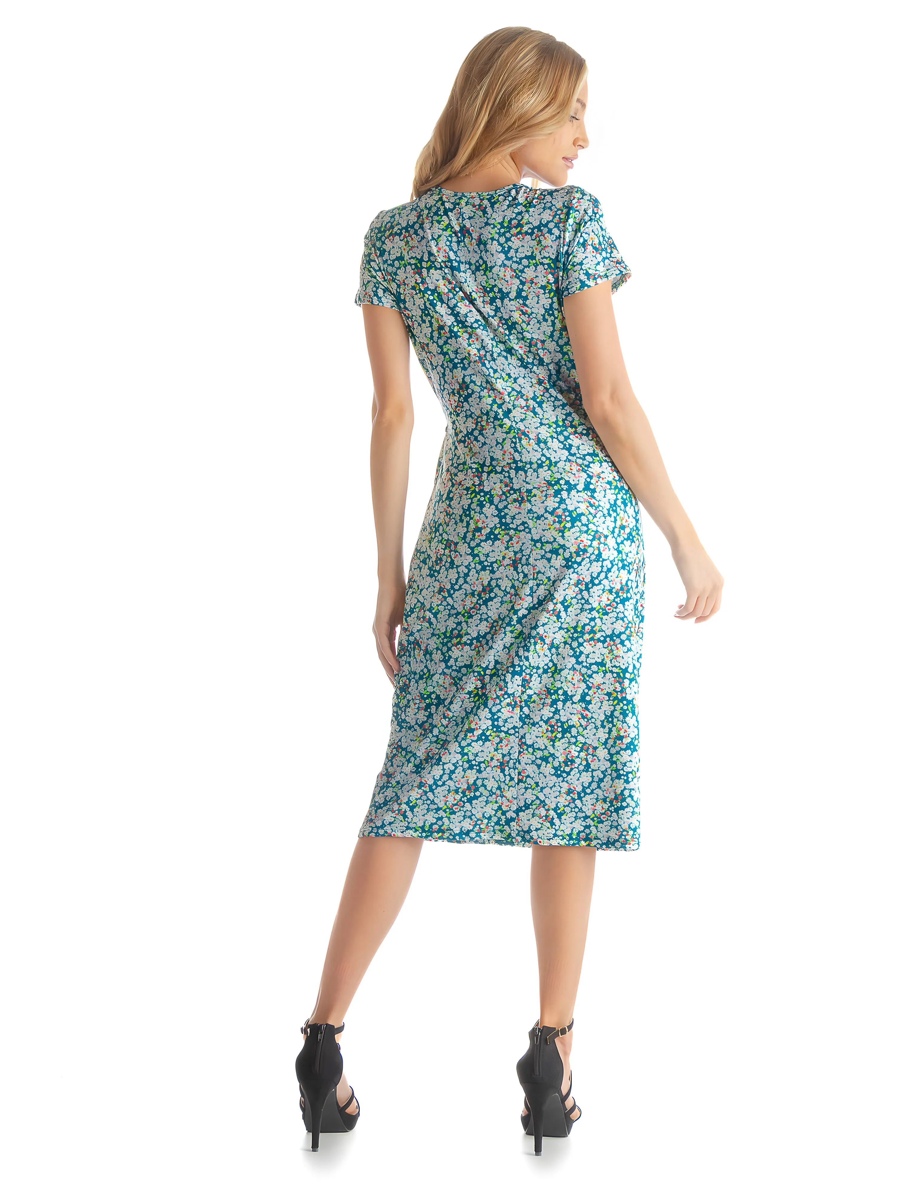 Teal Mini Flower Print Short Sleeve Knee Length Faux Wrap Dress