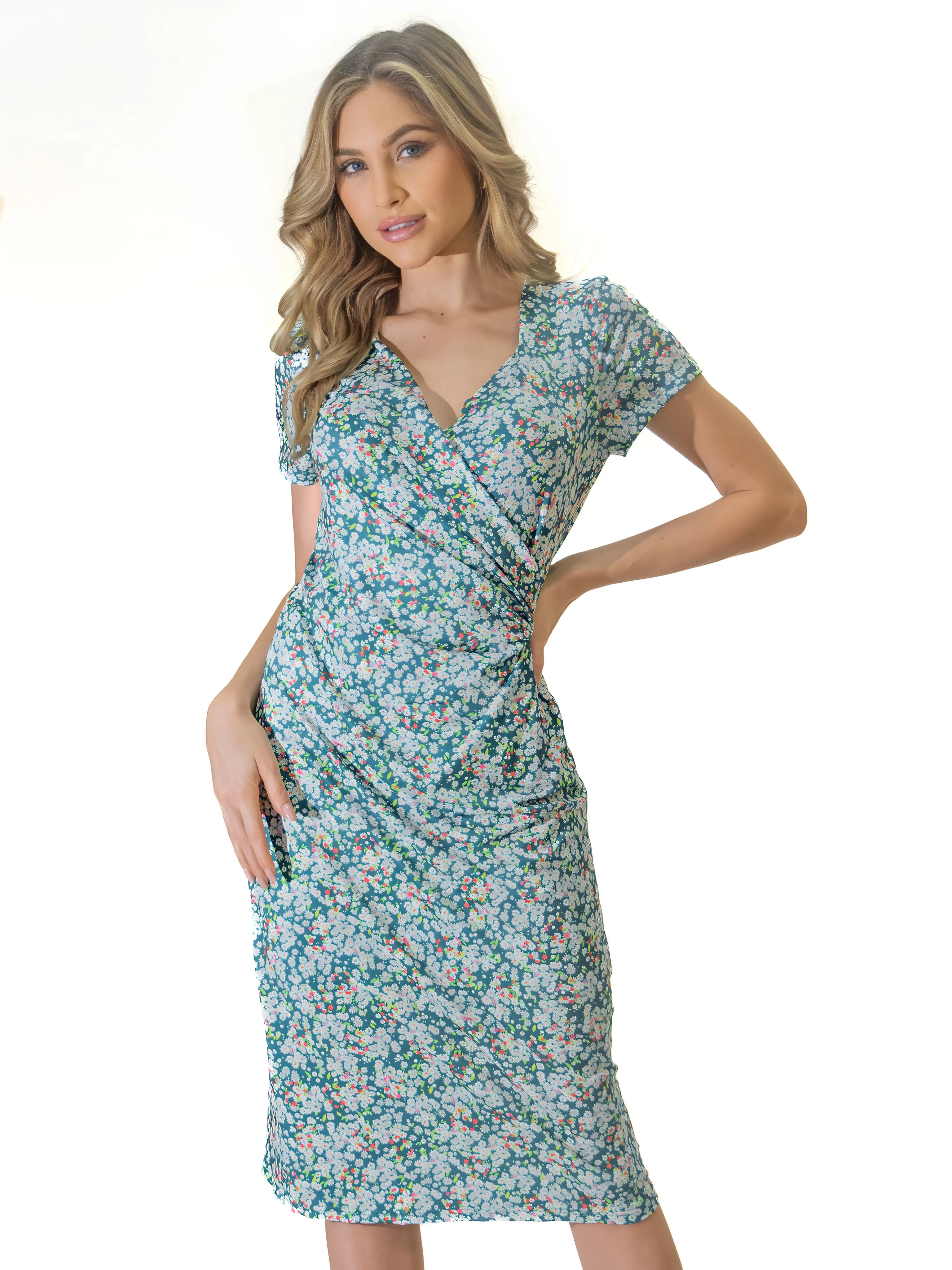 Teal Mini Flower Print Short Sleeve Knee Length Faux Wrap Dress