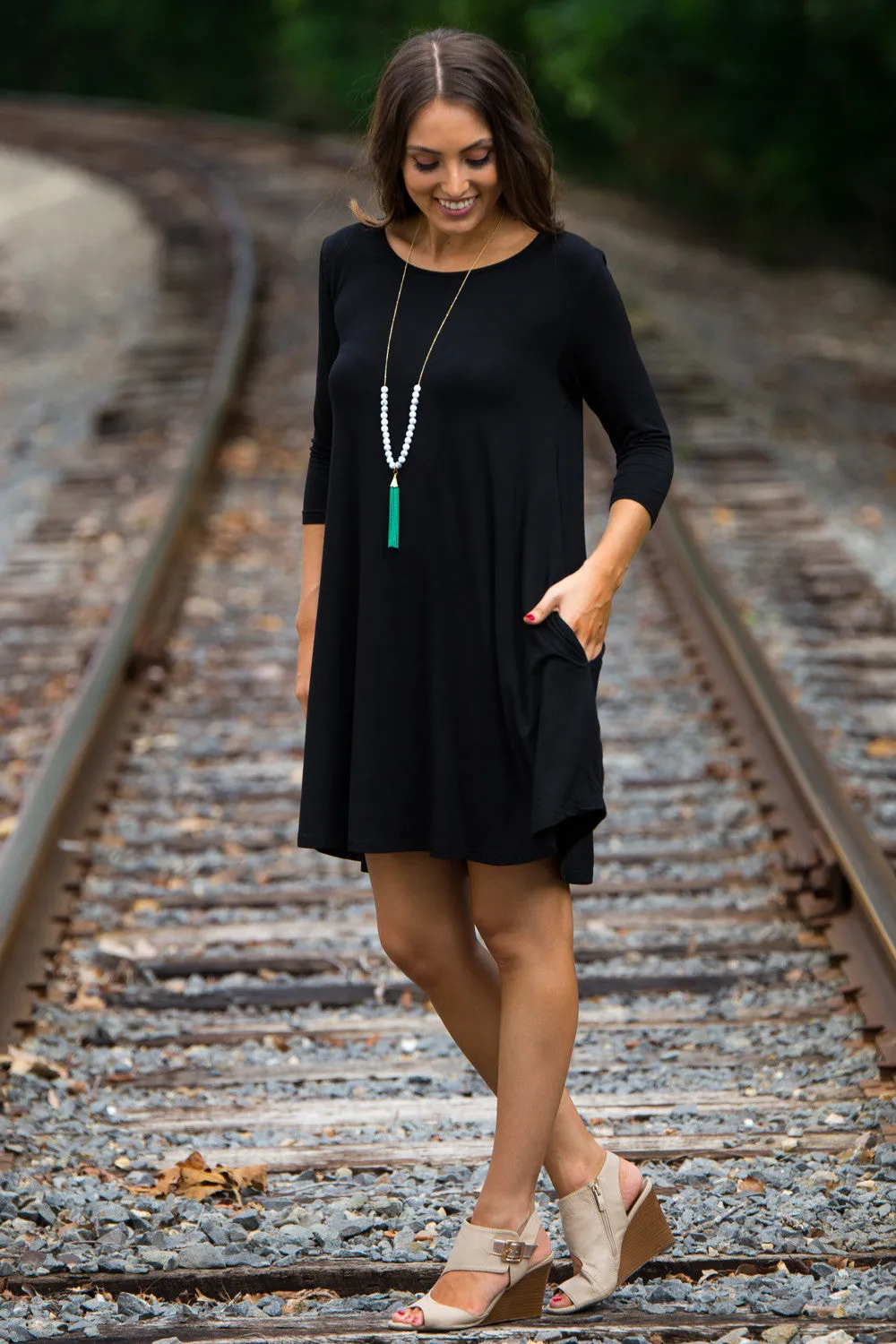 The Perfect Piko 3/4 Sleeve Swing Dress-Black