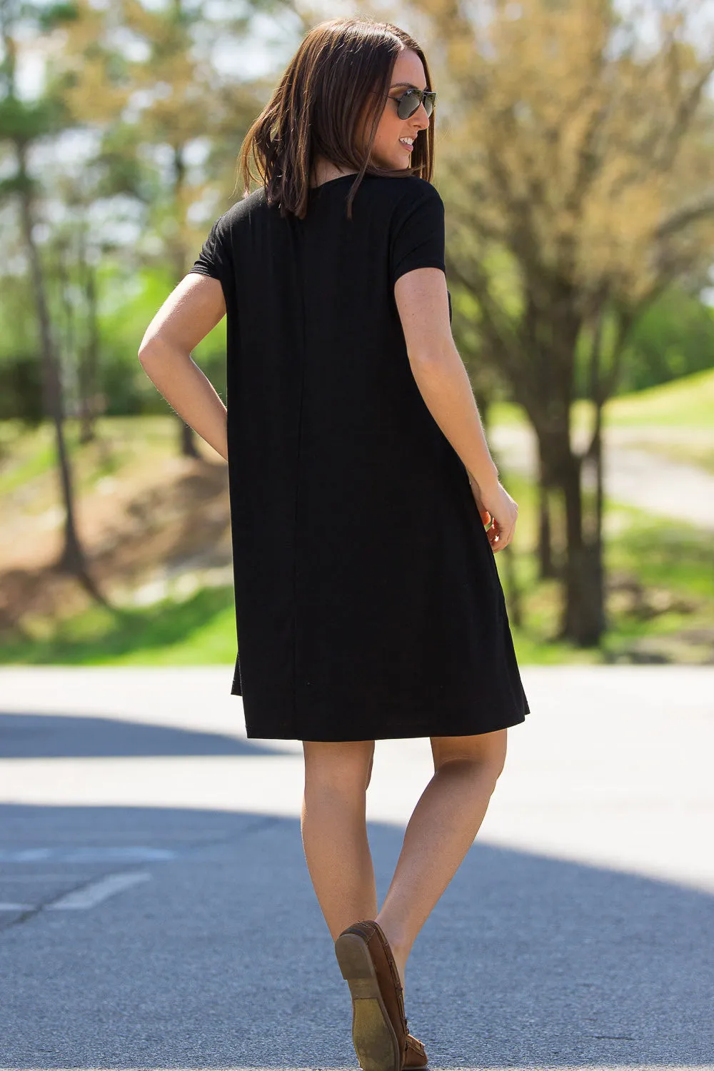 The Perfect Piko Short Sleeve Swing Dress-Black