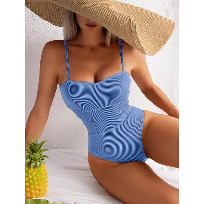 Trendy Ribbed Cut-Out Monokini for Beach & Pool