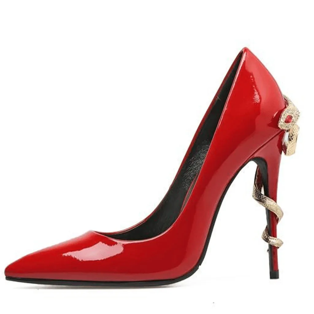 Unique Snake Embellished High Heel PU Pumps - Red