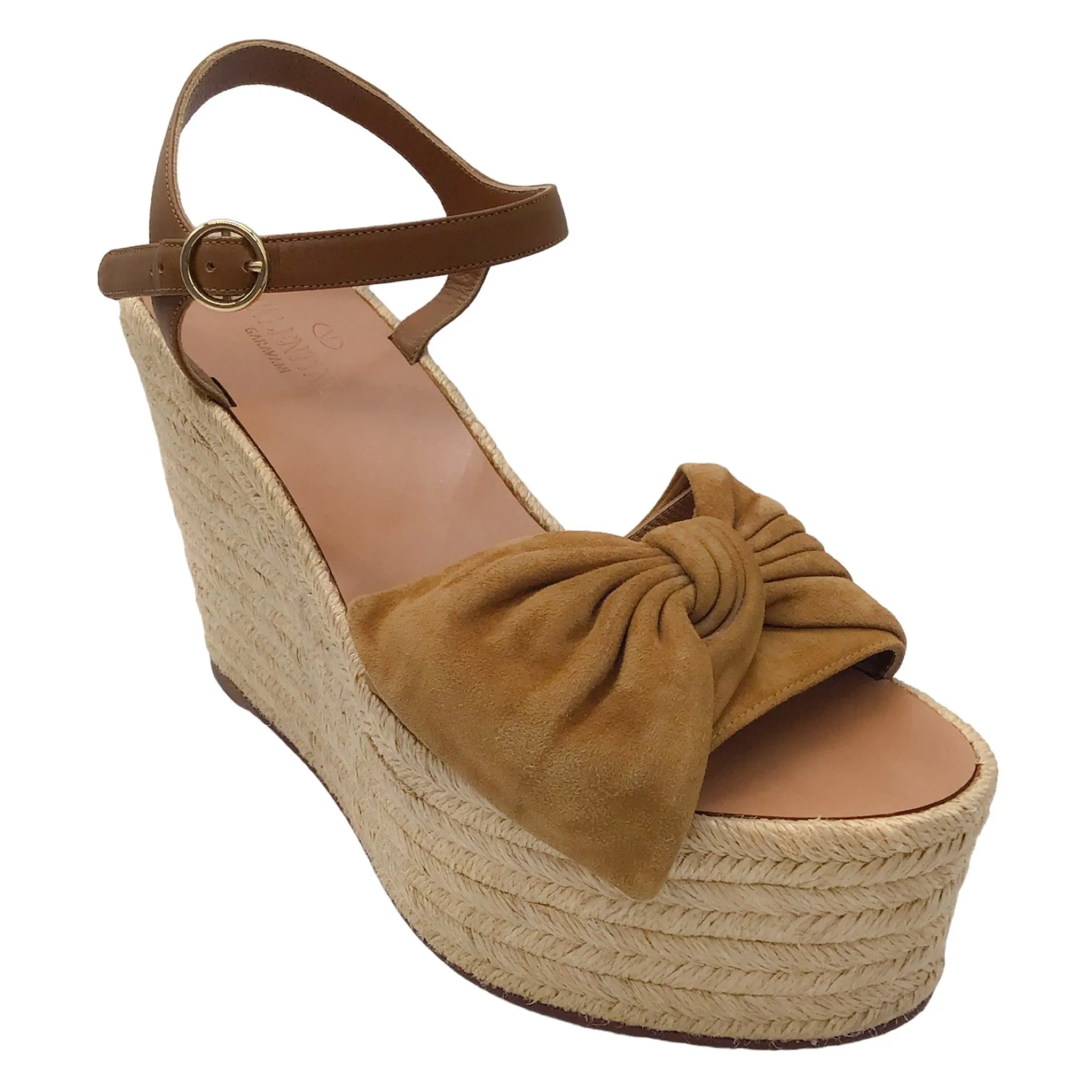 Valentino Ochre Brown Suede Calfskin Tropical Bow Espadrille Platform Wedge Sandals